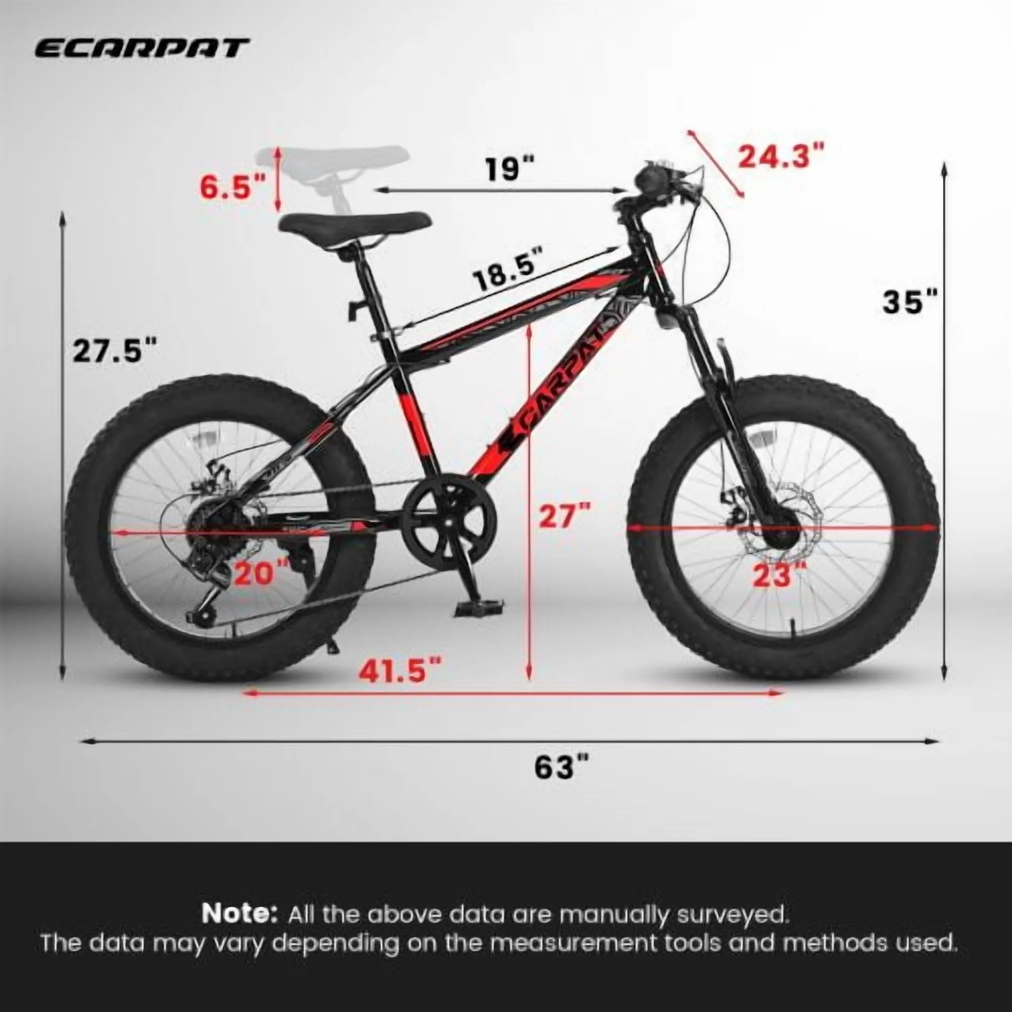 20 Inch Wheels Mountain Bike,4" Wide Fat Tire Snow Bike for Women and Men ,7 Speed Bicycles, Red