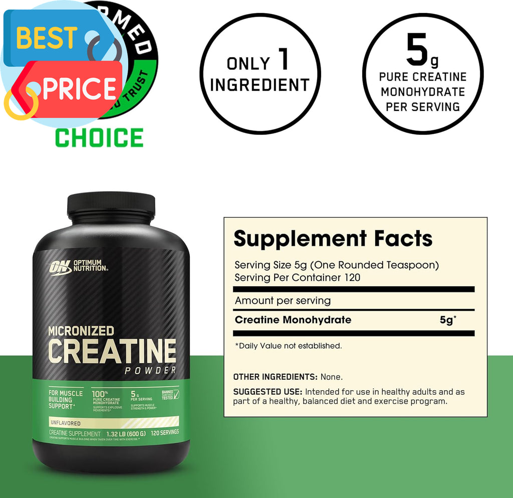 Micronized Creatine Monohydrate Powder, Unflavored, 120 Servings, 600 Grams (Pac