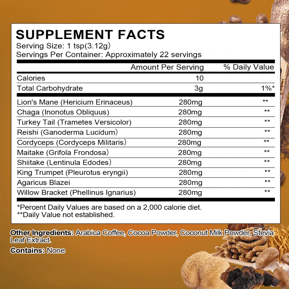 Mushroom Coffee - Organic Instant Coffee Mix with Reishi, Cordyceps, Chaga & Turkey Tail Mushrooms - Mushroom Coffee Powder for Energy, Mental Clarity & Focus, 70G/2.5Oz