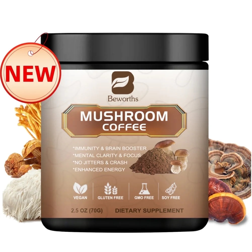 Mushroom Coffee - Organic Instant Coffee Mix with Reishi, Cordyceps, Chaga & Turkey Tail Mushrooms - Mushroom Coffee Powder for Energy, Mental Clarity & Focus, 70G/2.5Oz